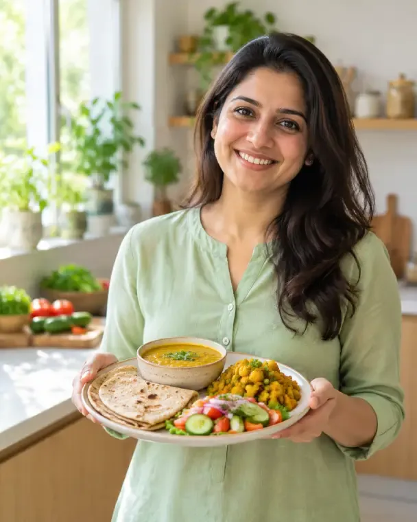 Healthy Indian home-cooked meal — dal, roti, sabzi and salad